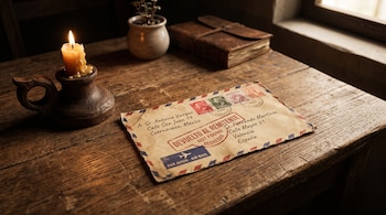 Sobre de carta antiguo con sellos y un timbre impreso de devuelto al remitente sobre una mesa de madera junto a una vela encendida.