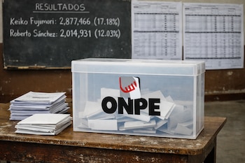 Urna electoral transparente con el logo de ONPE, llena de votos, sobre una mesa de madera con papeles. Al fondo, una pizarra con resultados de Keiko Fujimori y Roberto Sánchez.