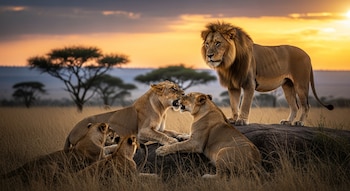 Un león macho con melena oscura de pie sobre una roca observa a dos leonas interactuando delante. Otros dos leones jóvenes están en la hierba. Sabana africana al atardecer.