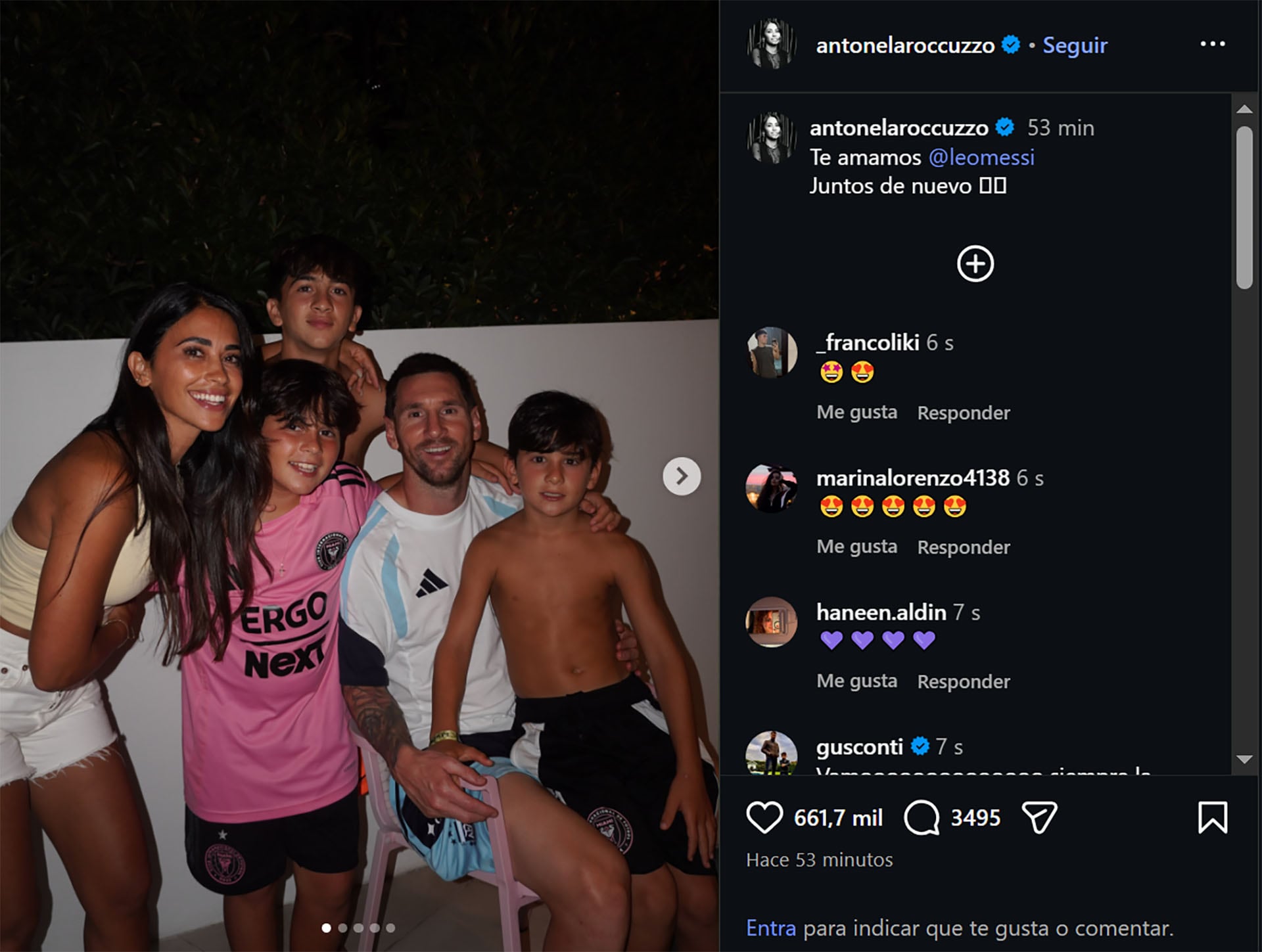 Antonela Roccuzzo, Lionel Messi y sus tres hijos posan para una foto familiar que ella publicó con un mensaje en su cuenta de Instagram