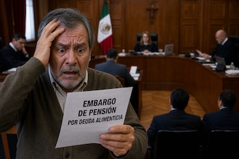 Un hombre sostiene un papel con el texto EMBARGO DE PENSIÓN POR DEUDA ALIMENTICIA en una sala con jueces y la bandera de México.