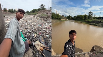 Fotografía dividida en dos partes con un hombre junto a un lecho repleto de basura a la izquierda y junto al canal con agua a la derecha.