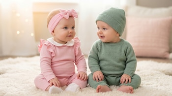 Dos bebés sentados en una alfombra peluda. La bebé mujer, vestida de rosa con una diadema, mira al bebé varón, que lleva un gorro y traje verdes.