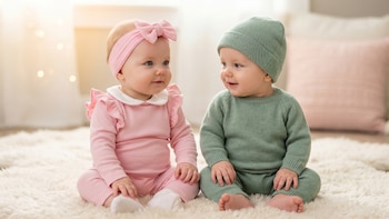 Tierna Conexión: Bebés, niña de rosa y niño de verde, comparten sonrisas - VisualesIA ScribNews