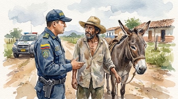 Acuarela de un policía colombiano y un hombre rural con un burro en un camino de tierra, con una patrulla policial y casas al fondo.