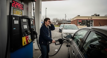 Persona llena el tanque de su coche oscuro en gasolinera, con expresión de frustración. Un surtidor muestra precio alto, con otros vehículos detrás y un edificio al fondo.