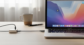 Un portátil MacBook Air plateado sobre un escritorio de madera clara, con una taza, un bolígrafo y un hub USB-C con cables negros conectados.