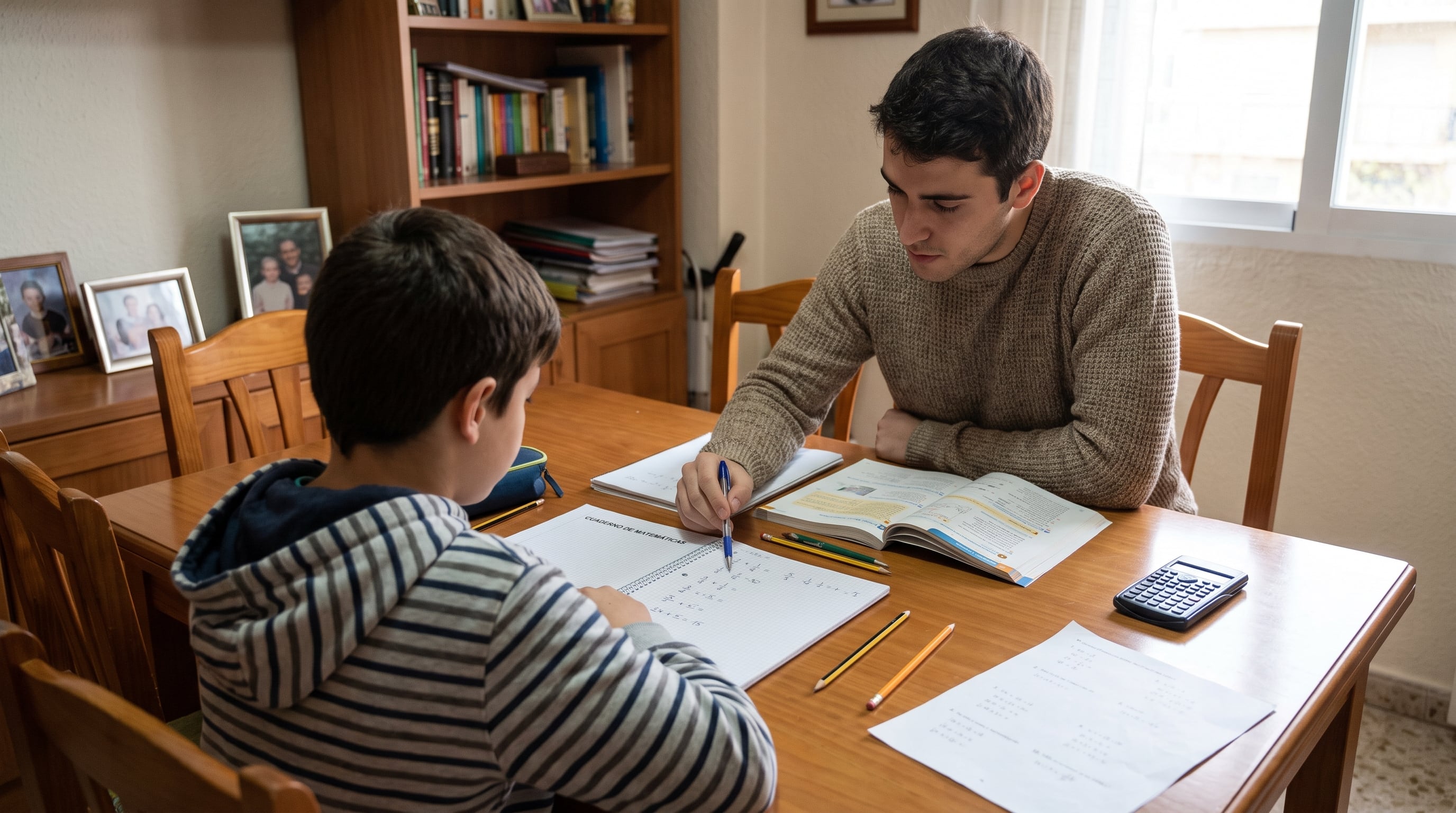 Un profesor particular explica un ejercicio de matemáticas a su alumno durante una clase de apoyo. (Imagen Ilustrativa Infobae)