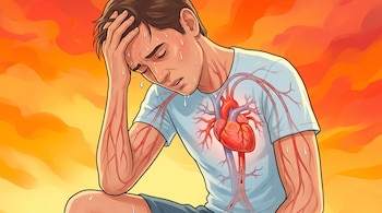 Persona con torso translúcido que muestra el corazón resaltado y vasos sanguíneos; gotas de sudor en la piel y fondo degradado de naranja a rojo.