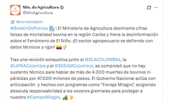 El organismo sanitario contrastó registros de Magdalena, Sucre, La Guajira y Atlántico y anunció que mantendrá vigilancia sobre el comportamiento del sector - crédito @MinAgricultura/X