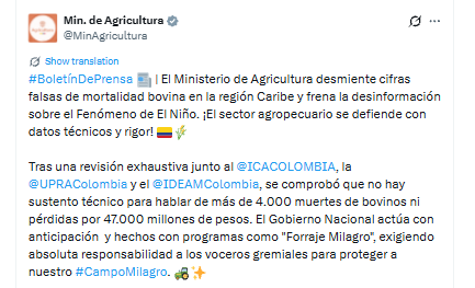 El organismo sanitario contrastó registros de Magdalena, Sucre, La Guajira y Atlántico y anunció que mantendrá vigilancia sobre el comportamiento del sector - crédito @MinAgricultura/X