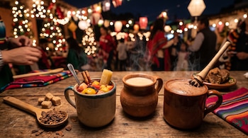 Tres jarros con bebidas calientes, trozos de canela y azúcar sobre una mesa de madera frente a un patio iluminado con luces nocturnas.