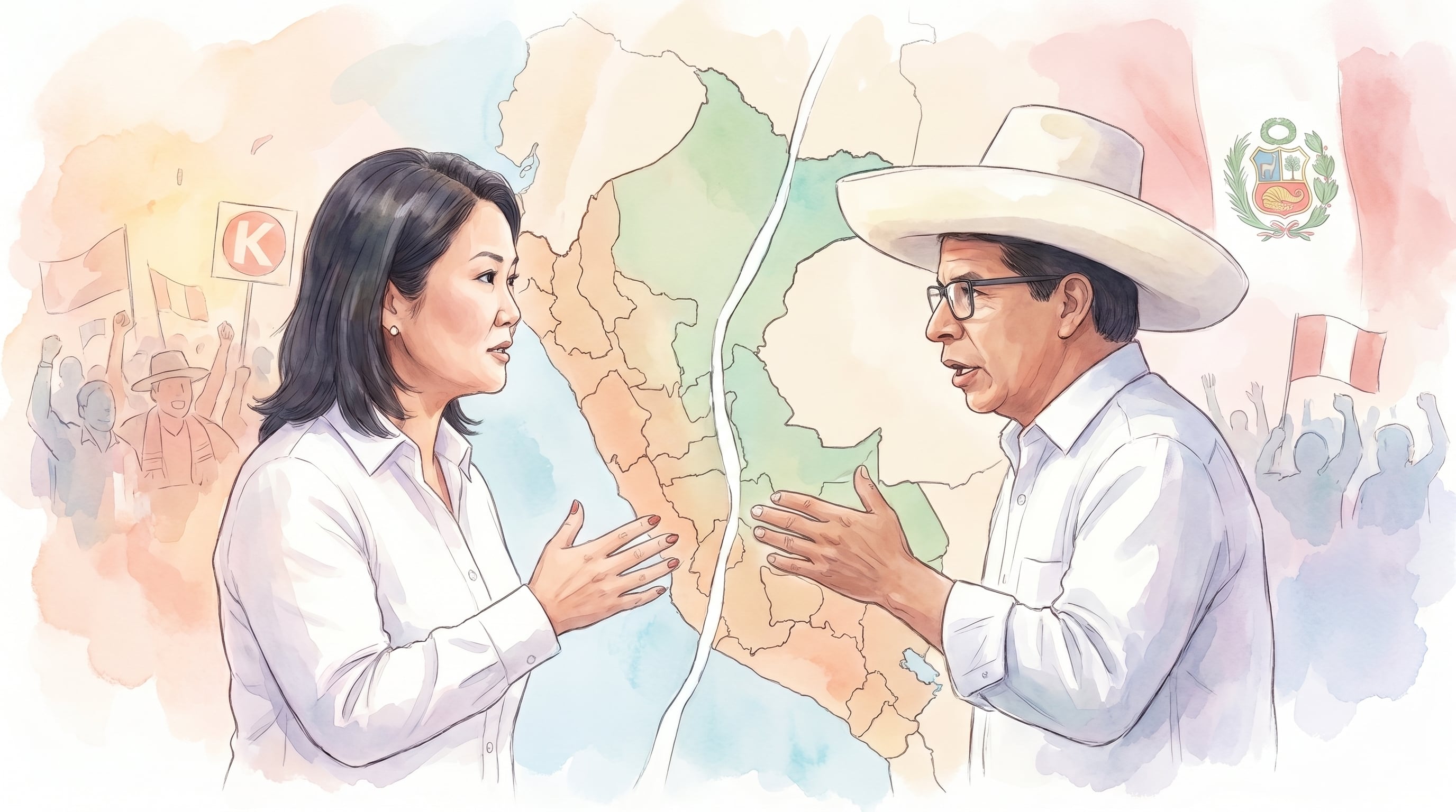 Una ilustración acuarela que representa la segunda vuelta presidencial peruana entre Keiko Fujimori y Pedro Castillo, con el mapa del Perú dividido y elementos de apoyo a cada candidato. (Imagen Ilustrativa Infobae)