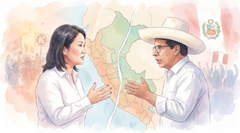 Ilustración acuarela de Keiko Fujimori y Pedro Castillo mirándose, divididos por un mapa de Perú, con seguidores y banderas peruanas de fondo.