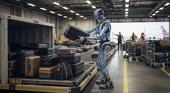 Un robot gris y azul brillante carga una maleta negra en un contenedor de carga en el área de equipaje de un aeropuerto, con trabajadores humanos en el fondo.