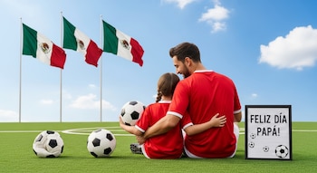 Vista trasera de un padre y una hija sentados en un campo de fútbol con camisetas rojas, tres banderas de México, balones y un cartel de "Feliz Día Papá!".