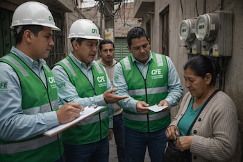 Tres técnicos de CFE con chalecos verdes y cascos blancos asisten a una mujer mayor junto a medidores eléctricos en un área urbana, uno escribe y otro explica.