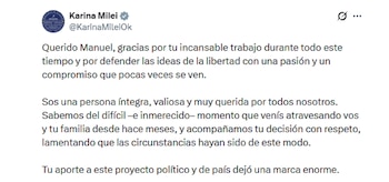 El mensaje de Karina Milei a Manuel Adorni tras presentar su renuncia