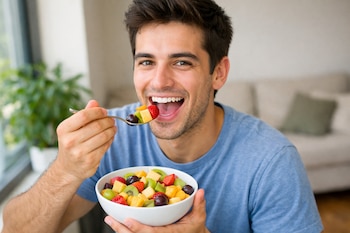 Hombre joven con camiseta azul sostiene un tazón de ensalada de frutas, que incluye kiwi, piña, fresas y uvas, y una cuchara con fruta.