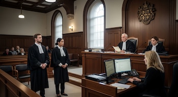 Interior de un juzgado con paneles de madera; un juez lee un documento, dos abogados visten togas, una persona usa una computadora y hay público sentado.