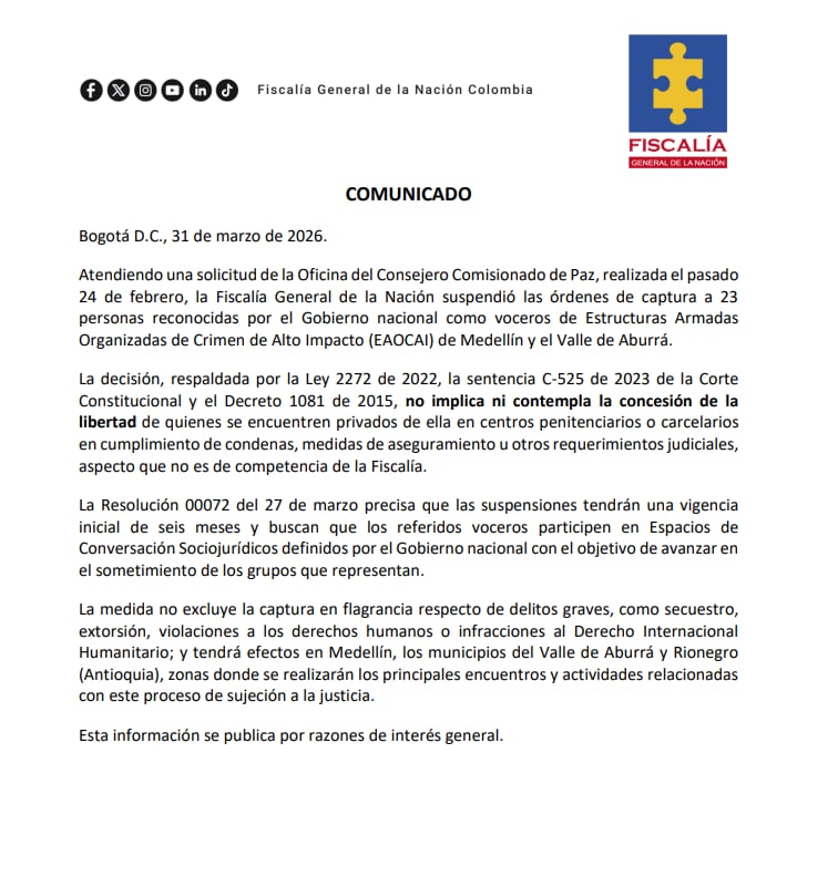 La Fiscalía aclaró que la suspensión de órdenes de captura no implica la liberación de criminales - crédito Fiscalía