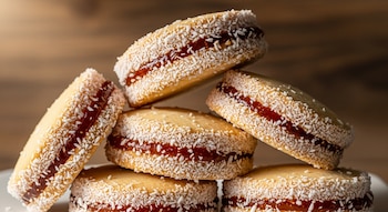 Seis alfajores de maíz apilados, rellenos de mermelada de naranja, con bordes de coco rallado, sobre un fondo de madera rústico bajo luz cálida.