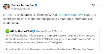 El alcalde de Cartagena, Dumek Turbay, informó sobre la falla que mantiene a Cartagena a oscuras por el apagón que afecta al 70% de la ciudad - crédito @dumek_turbay/X