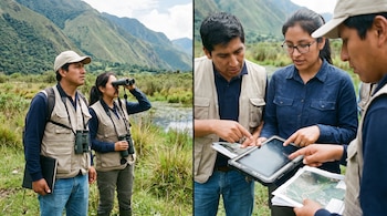 Dos personas con chalecos y gorras; una observa con binoculares. Tres personas con chalecos; dos revisan documentos y una tableta. Entorno natural montañoso y un cuerpo de agua.