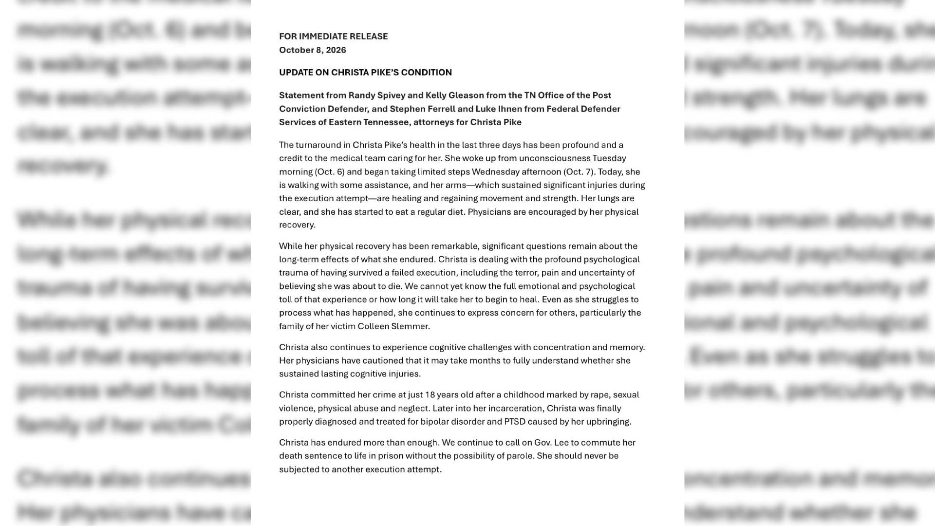 Un comunicado oficial de la defensa de Christa Pike en Tennessee detalla su estado de salud y pide la conmutación de su pena de muerte. (@mikerreports/Tennessee Office of the Post-Conviction Defender o OPCD)