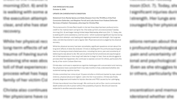Documento de texto en inglés titulado "UPDATE ON CHRISTA PIKE'S CONDITION" fechado el 8 de octubre de 2026 con párrafos impresos sobre fondo blanco
