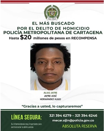 La Policía ofrece una recompensa de hasta $20 millones de pesos a quien brinde información sobre el paradero de Jafre José Hernández - crédito Policía Cartagena