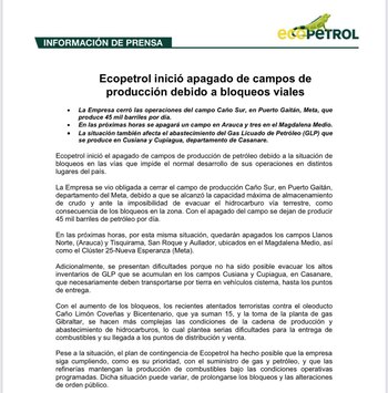 Ecopetrol cerró las operaciones del