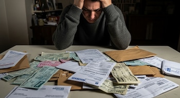 Una persona sentada se cubre la cabeza con las manos, mirando una mesa con facturas, sobres de papel y billetes de distintas denominaciones.