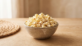 Un cuenco de cerámica con palomitas de maíz sobre una mesa de madera cerca de un mantel individual tejido