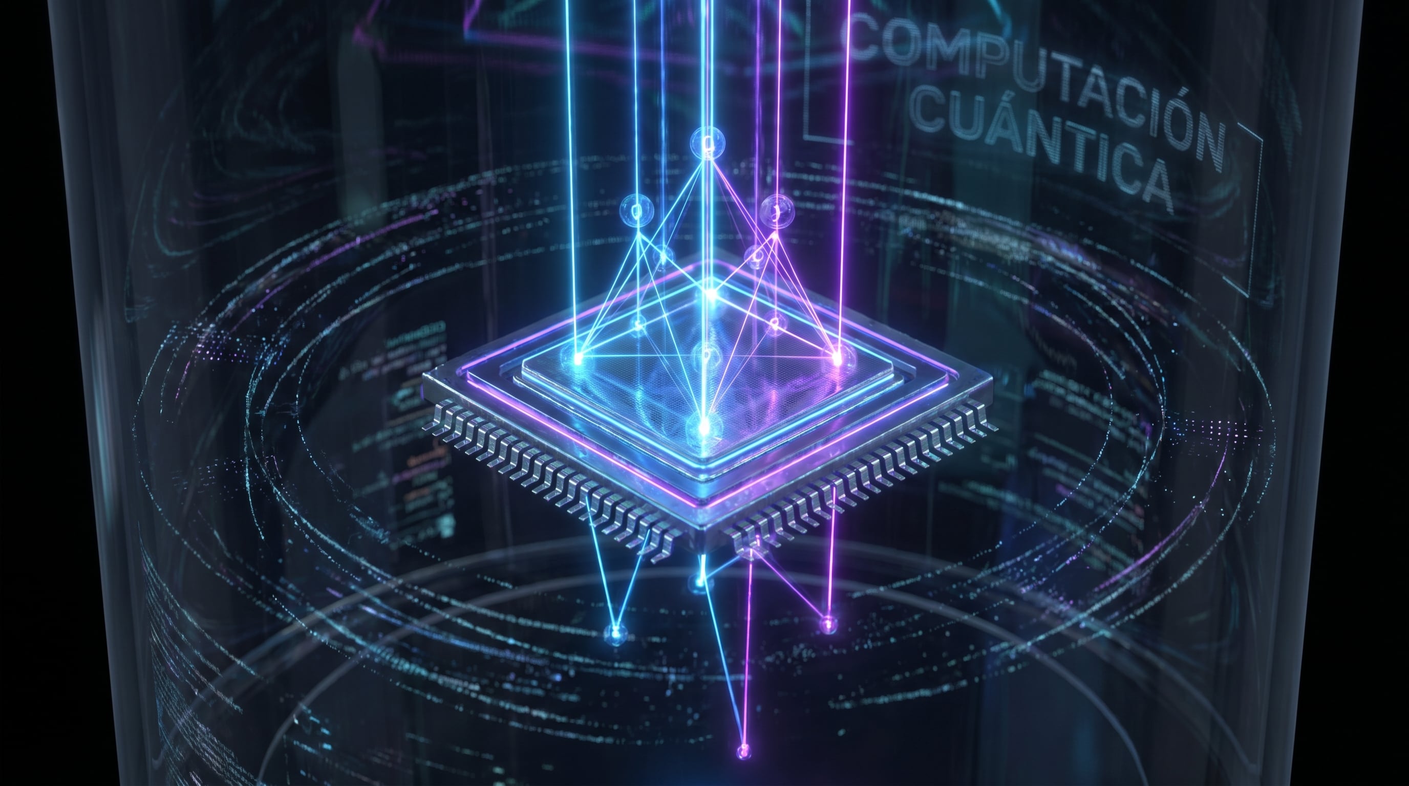 Una representación visual abstracta de un chip de computación cuántica, mostrando haces de luz azul y púrpura que simbolizan la interconexión y el procesamiento de datos a velocidades sin precedentes, en un entorno digital futurista. (Imagen Ilustrativa Infobae)
