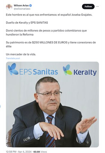 Wilson Arias aseguró que hubo financiación irregular de partidos políticos - crédito @wilsonariasc/X