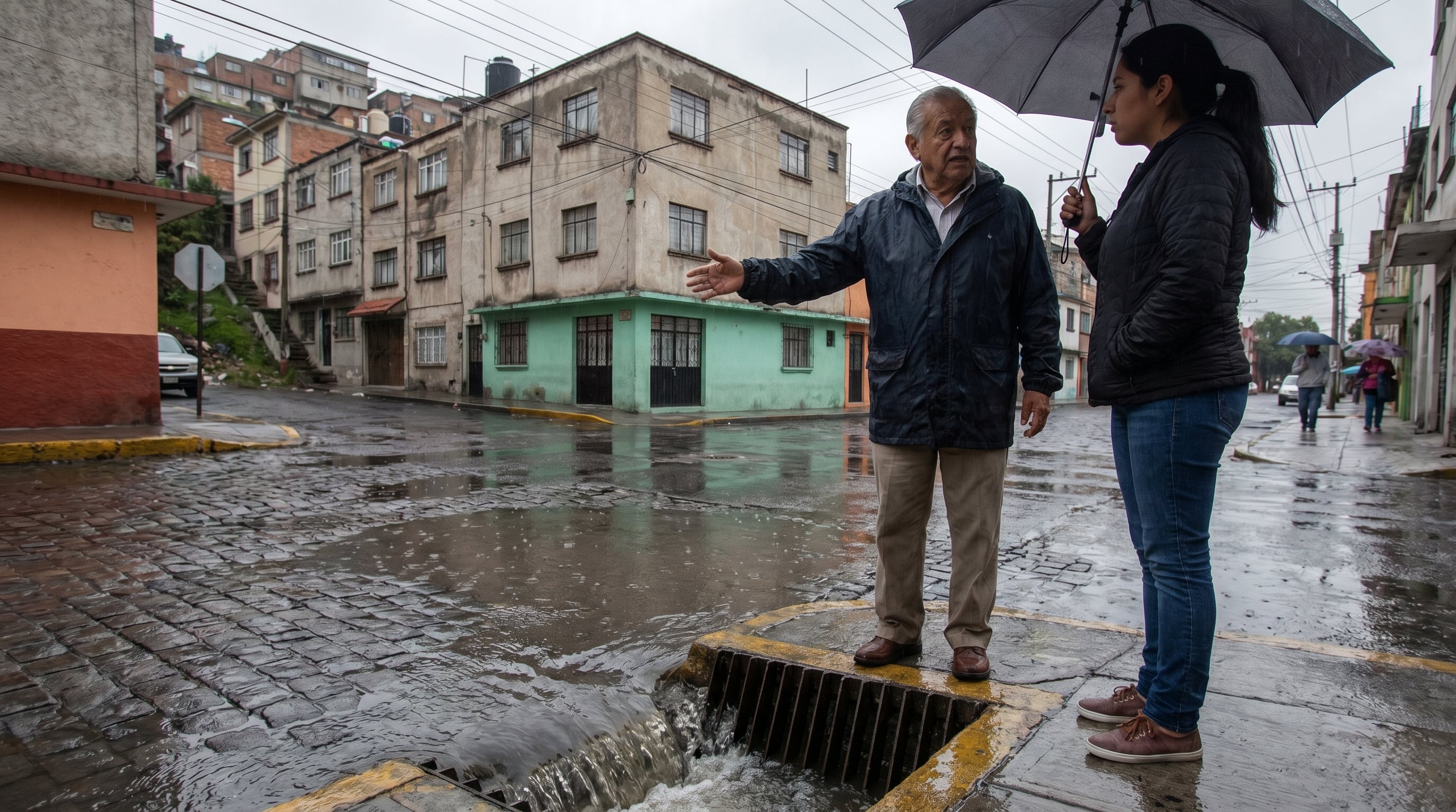 Un especialista examina el flujo de agua en un drenaje de calle, explicando los riesgos de inundación en una zona residencial de la Ciudad de México durante la temporada de lluvias. (Imagen Ilustrativa Infobae)