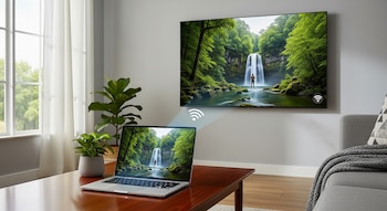 Una laptop sobre una mesa de madera proyecta de forma inalámbrica una imagen de una cascada a un Smart TV en la pared, con un ícono de wifi visible.