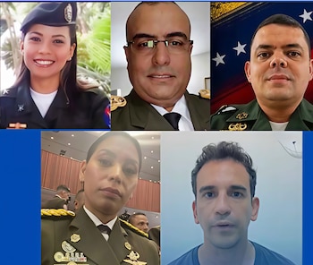 Collage de cinco fotografías que muestra a tres hombres y dos mujeres, cuatro de ellos con uniforme militar y uno con camiseta
