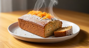 Panqué rectangular de zanahoria y avena con una rebanada cortada, espolvoreado con azúcar glas y zanahoria rallada, humeando sobre un plato blanco en una mesa de madera.