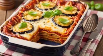 Lasagna de berenjenas gratinada en fuente de horno rectangular azul y blanca con un corte que muestra las capas. Adornada con berenjenas, mozzarella y albahaca. Utensilios y mantel a cuadros.