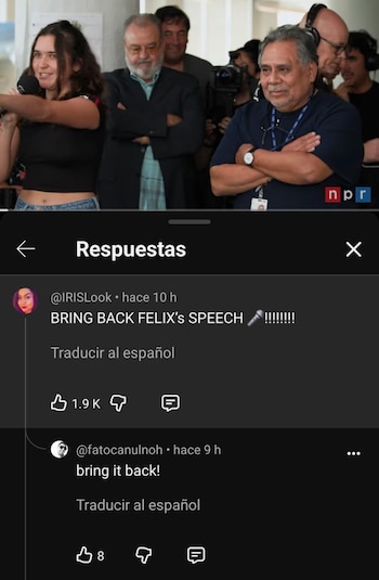 Captura que incluye a un grupo de personas en un video con el logotipo de NPR y dos comentarios de texto en una interfaz digital