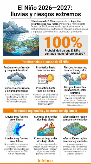 Infografía con ilustraciones de lluvias, un mapa de Argentina y bloques de texto sobre el fenómeno de El Niño y sus impactos climáticos.