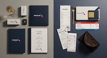 Mesa con objetos de American Airlines: copa, cajas, menús, ticket de cobro, tenedor, tarjeta de embarque económica, recibos, billetera.