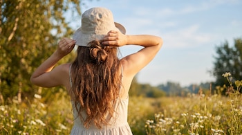 Imagen de una mujer de espaldas con cabello castaño recogido y un sombrero beige, de pie en un campo soleado con flores silvestres y un cielo azul claro.