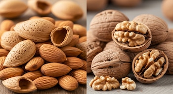 Imagen dividida con una pila de almendras con y sin cáscara a la izquierda, y una pila de nueces enteras y partidas a la derecha, sobre una superficie de madera.