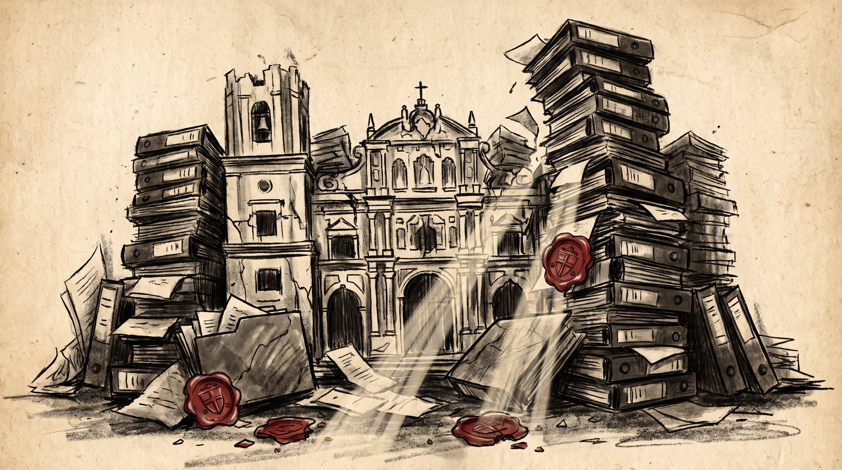 Una ilustración de la Catedral de Panamá junto a carpetas acumuladas y sellos de cera rotos simboliza fallas de registro institucional. (Imagen Ilustrativa Infobae)