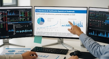 Primer plano de una mano señalando un gráfico en un monitor con datos de la Intendencia de Verificación Especial. Otros dos monitores muestran gráficos y tablas.