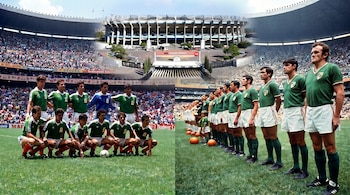 Composición de jugadores de la Selección Mexicana en el campo de un estadio con aficionados, superpuesta con una vista exterior del Estadio Azteca bajo un cielo azul.