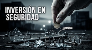 Una mano suelta una moneda cerca de alambre de púas, trozos de vidrio, clavos y el texto 'Inversión en seguridad' y 'Cost of Peace' sobre fondo oscuro.